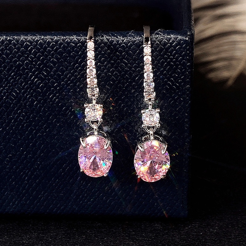 Anting Juntai Bentuk Oval CZ Warna Putih Kuning Pink Untuk Wanita