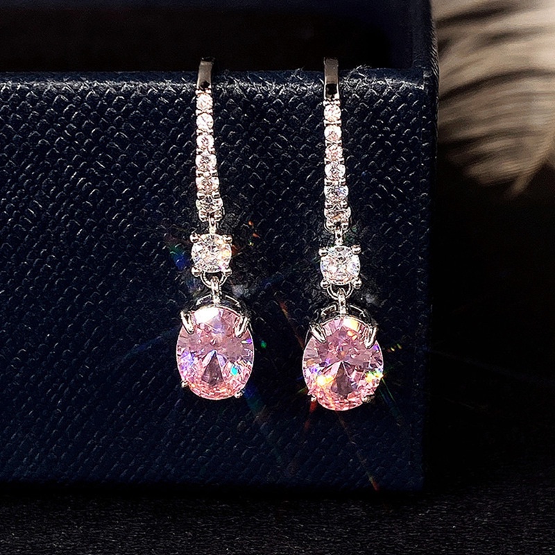 Anting Juntai Bentuk Oval CZ Warna Putih Kuning Pink Untuk Wanita