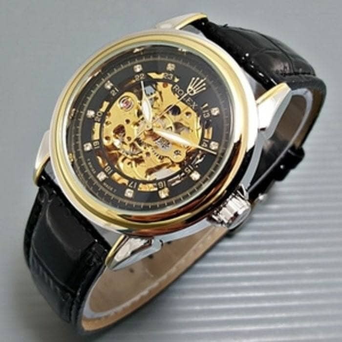 PROMO Jam Tangan Rolex Automatic / Otomatis Combi Gold-Black Kulit Hitam PALING MURAH