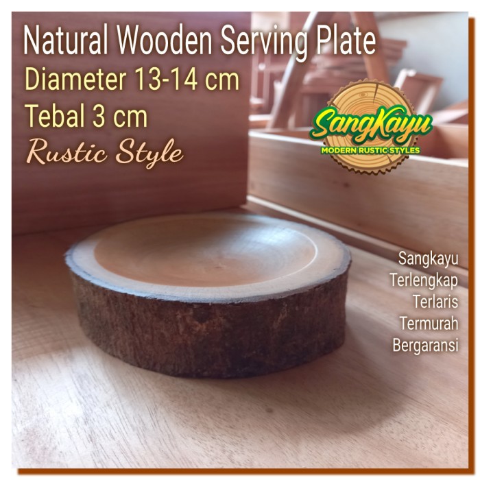 Piring saji kayu bulat alami 13-14cm wooden serving plate mangkok saji