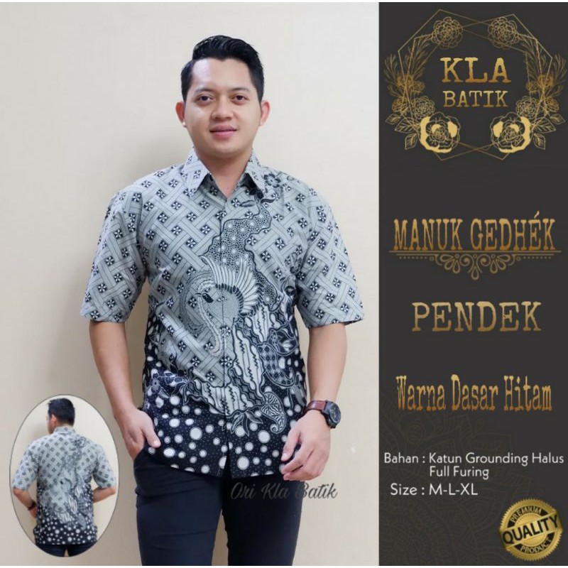 Hem Batik Lengan Pendek Pria MANUK GEDHEK PENDEK Warna Dasar Hitam Bahan Katun Halus Full Furing