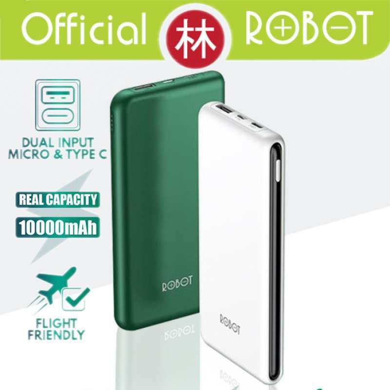 Power Bank ROBOT 10000mah RT180 2.4A PowerBank Dual Input Port Type C &amp; Micro USB Original Fast Charging Real Capacity - Garansi Resmi 1 Tahun