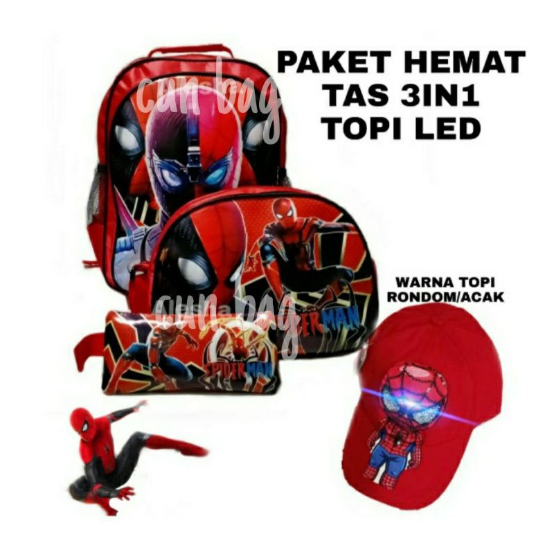 rangsel sekolah tk dan sd tas karakter spiderman 3in1+topi led bisa mrnyala