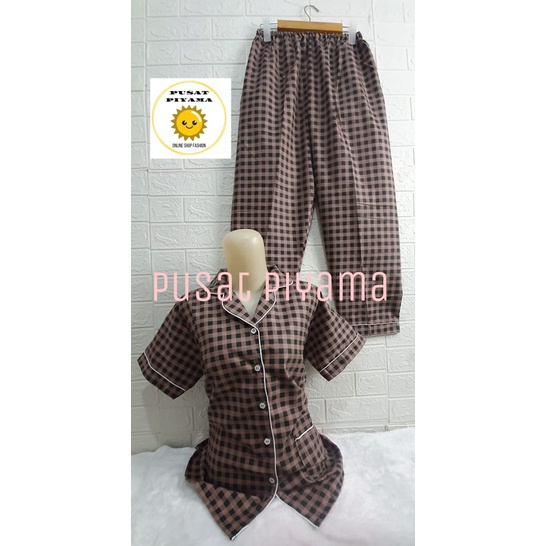 Setelan Lengan Pendek Piyama Baju Tidur Wanita Guilen Kotak Pajamas Cewek Dewasa Kekinian Abg-L Lumina Pdek CoklaT