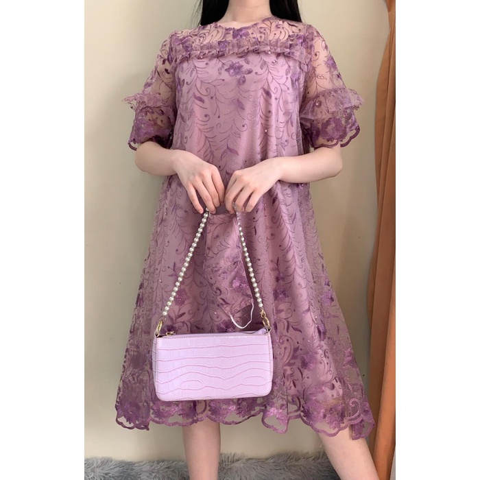 dress kondangan full brukat bahan premium F87 - lilac
