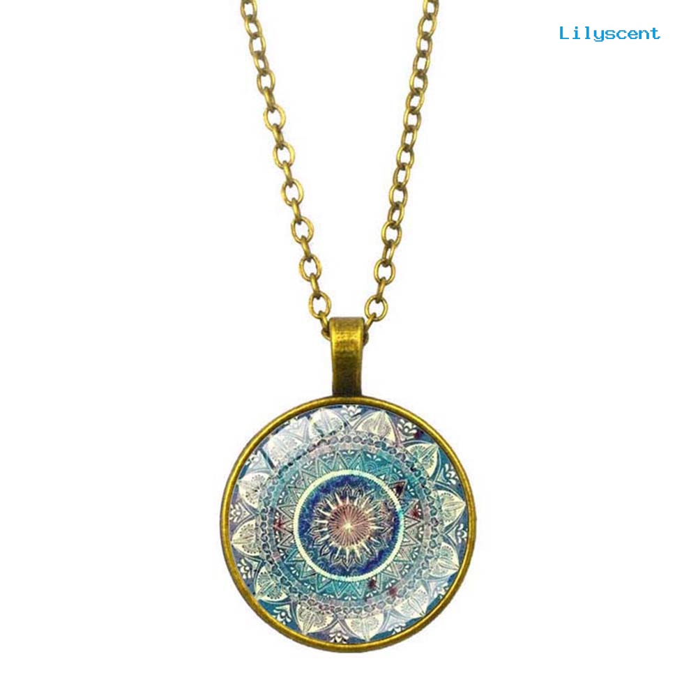 Kalung Rantai Panjang Dengan Liontin Kaca Cabochon Motif Mandala Gaya Vintage Untuk Wanita