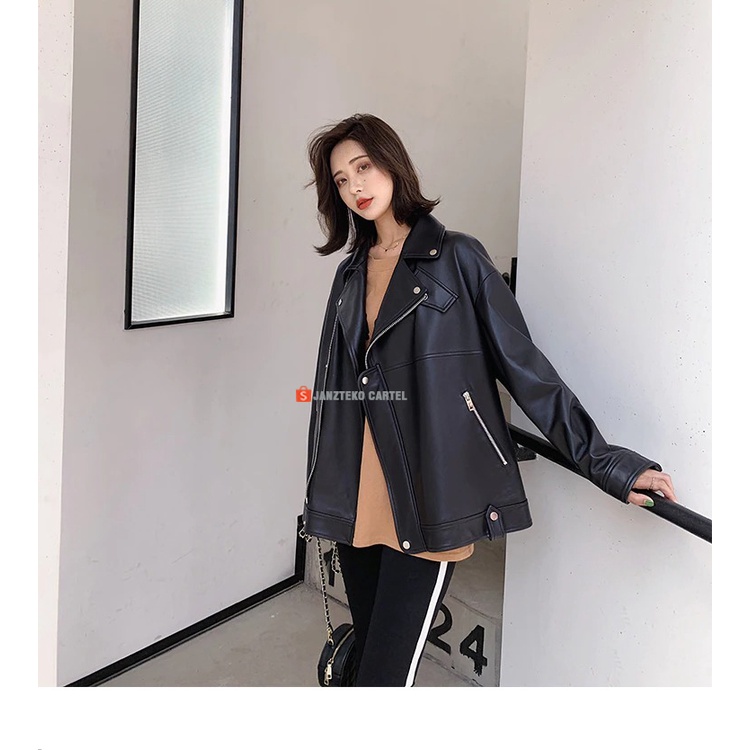 JNK x VANESA - Jaket Kulit Wanita Oversize Casual Branded Bahan Semi Kulit Sintetis Viena Faux Synthetic Leather Premium Original Jacket Oversized Women Ladies Longgar Zipper Resleting Lengan Panjang Cewek Perempuan Outwear Atasan Kulit Oscar Imitasi 2021