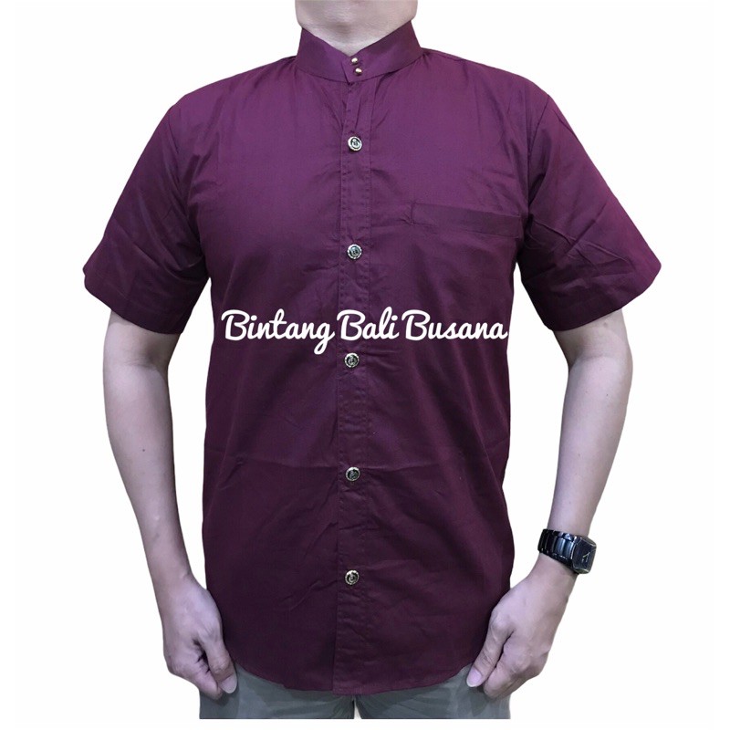 Kemeja yoko pria kombinasi endek | kerah shanghai | warna marun | lengan pendek