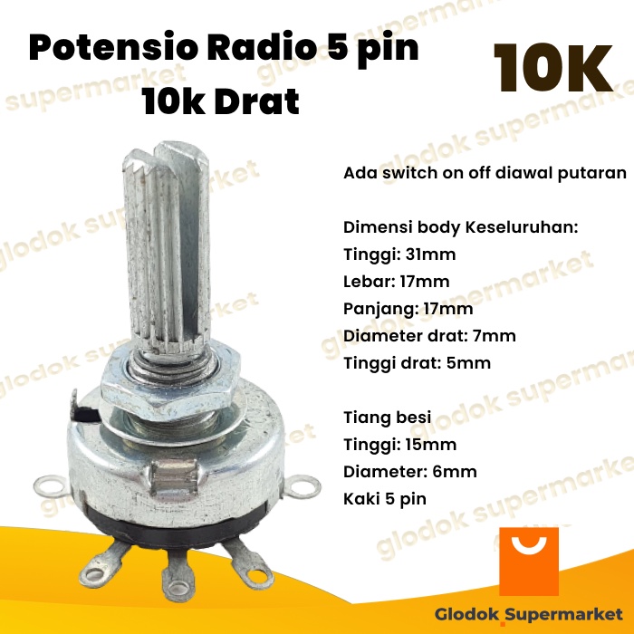 Potensio On Off 5 pin 10k Drat Kaki 5 Volume Radio 103