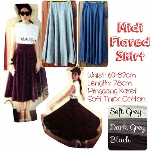 Midi flare skirt rok panjang lebar kaos katun import impor bangkok hongkong obral sale murah