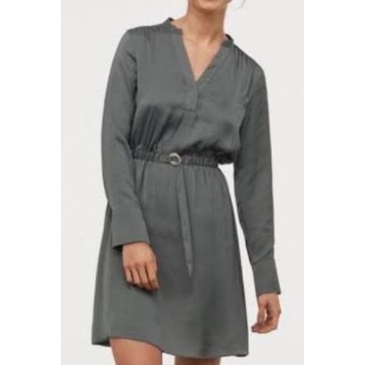 Hnm Dress silk satin v neck belt