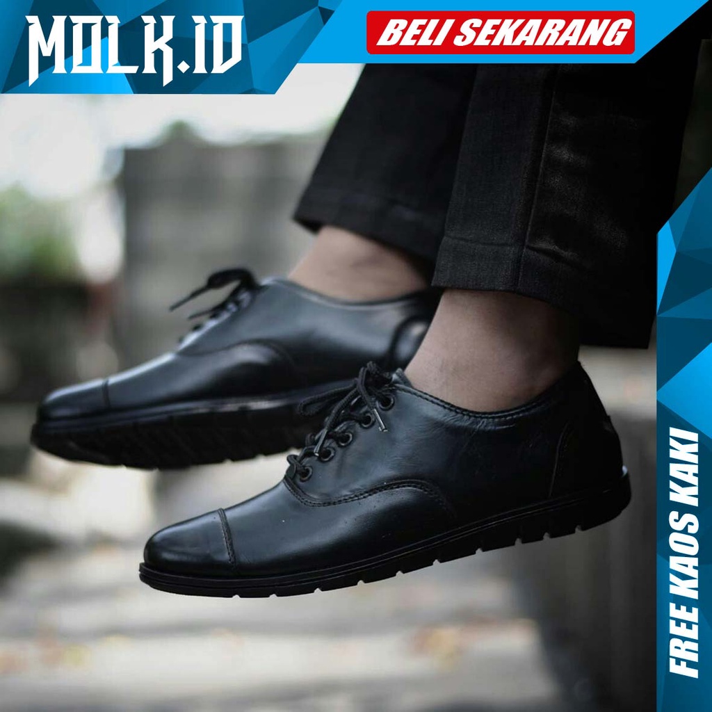 MOLK|Sepatu Kasual Formal Pria Original Kulit Asli Kerja Kondangan Hitam Pantofel Tali Santai Cowok