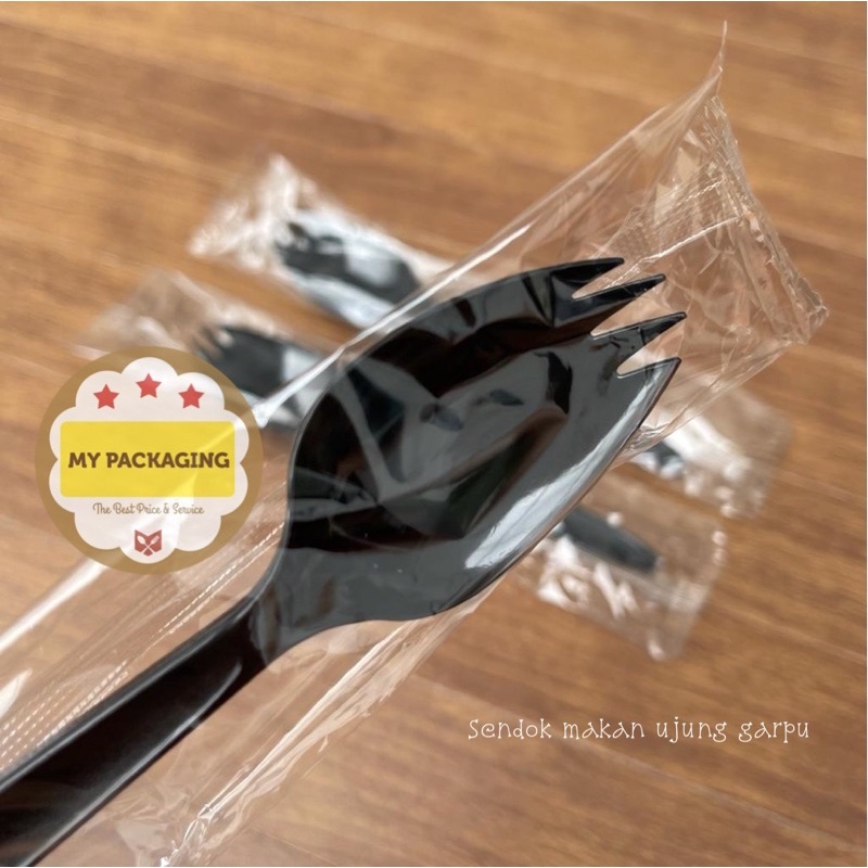 Sendok Plastik PREMIUM Ujung Garpu 100pcs - SPOON FORK SPORK WRAPPING Sudah Dibungkus PLASTIK satuan - Bagus Kuat Halus tidak kasar