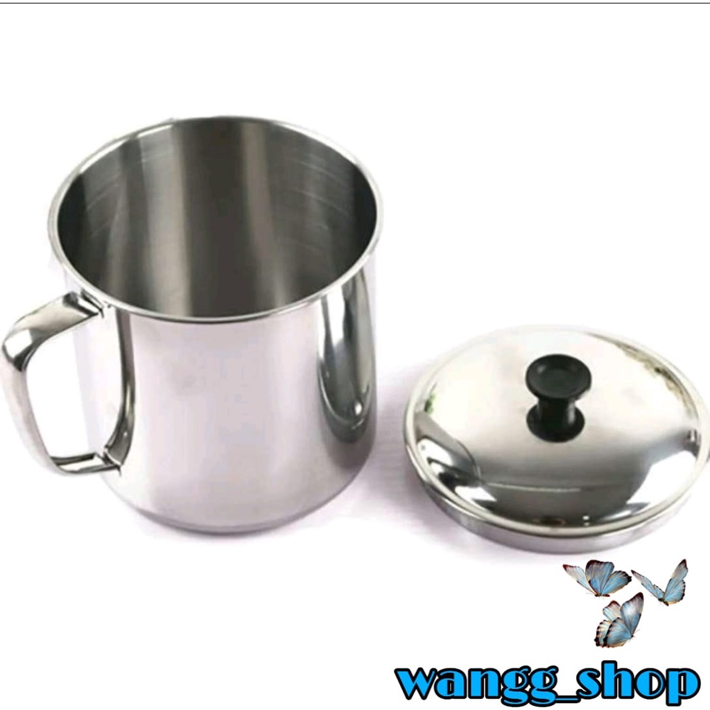 MUG CANGKIR GELAS &amp; TUTUP STAINLESS 9 CM / CANGKIR GELAS MUG STAINLESS TUTUP LENGKAP KEKINIAN