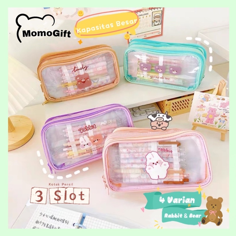 

Kotak Pensil Aesthetic Besar 3 Susun Rabbit Dan Bear 4 Warna - KP04