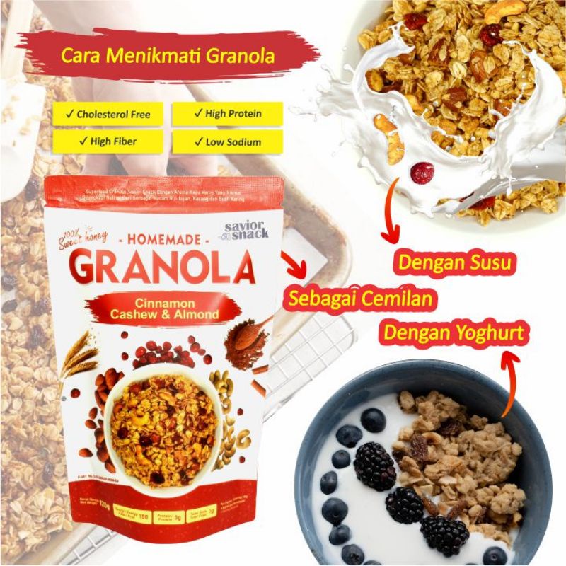 GRANOLA CRUNCHY CINNAMON CASHEW ALMOND 120g - CEMILAN MAKANAN SEHAT SARAPAN BERGIZI TINGGI NUTRISI BAHAN ORGANIK ALAMI TANPA PENGAWET - HIGH QUALITY - SAVIOR SNACK - GRANOLA SWEET HONEY