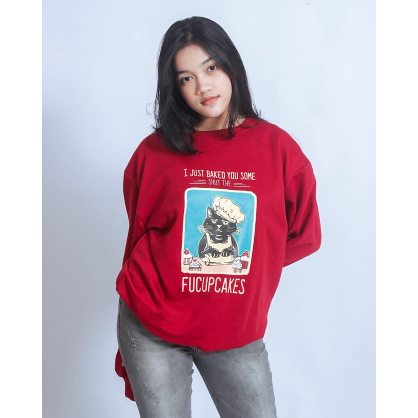 Sweater Fleece Dewasa FUCUPCAKES Sweater Crewneck-MAROON