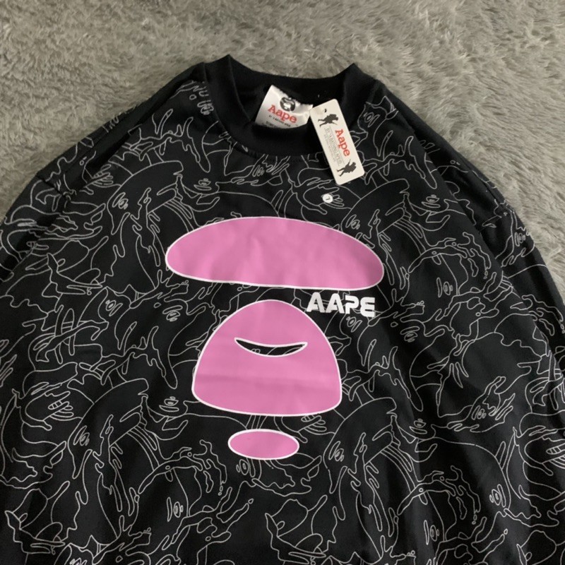 SWEATER CREWNECK AAPE BATHING APE FULLPRINT PINK FONT FULLTAG &amp; LEBEL