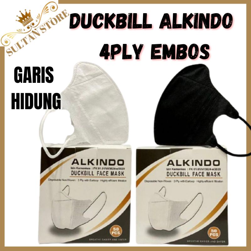 masker duckbill Alkindo 50 pcs 1 box garis 4 ply hitam putih duckbil alkindo