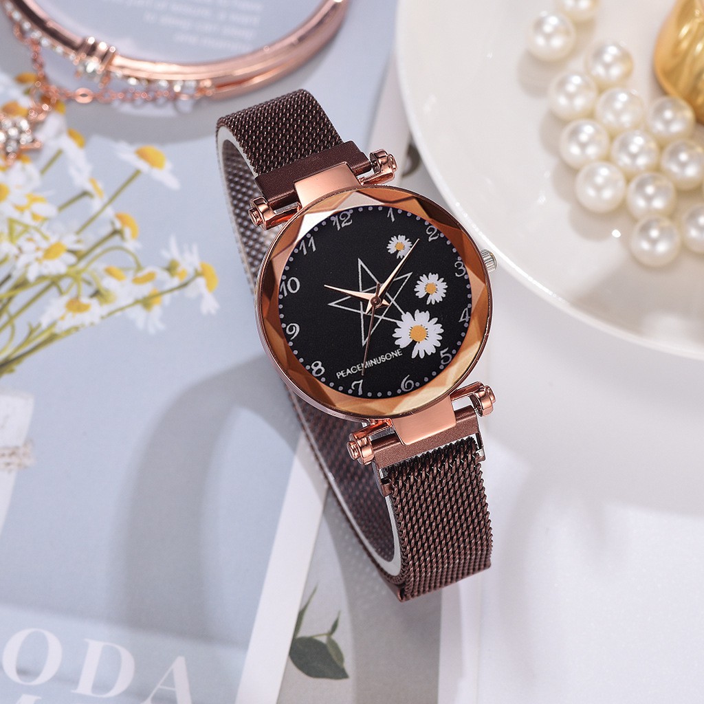 ELBER J174 Jam Tangan Rantai Wanita Jam Analog Motif Bunga Daisy-Coklat