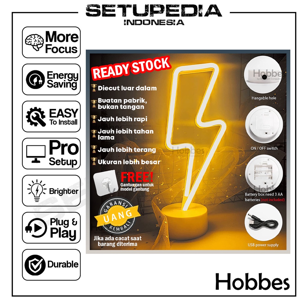 Hobbes Lightning Thunder Neon Sign Flex Bolt Petir Lampu Decor Hias - Petir Stand