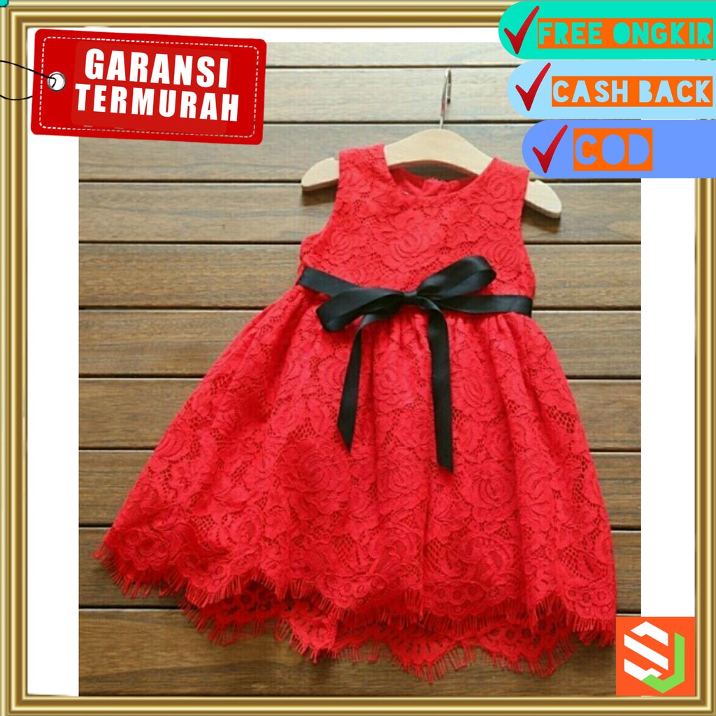 Baju Dress Gaun Natal Anak Cewe Cewek Perempuan Umur 2 3 4 Tahun Bahan Brokat Merah LISKIDS