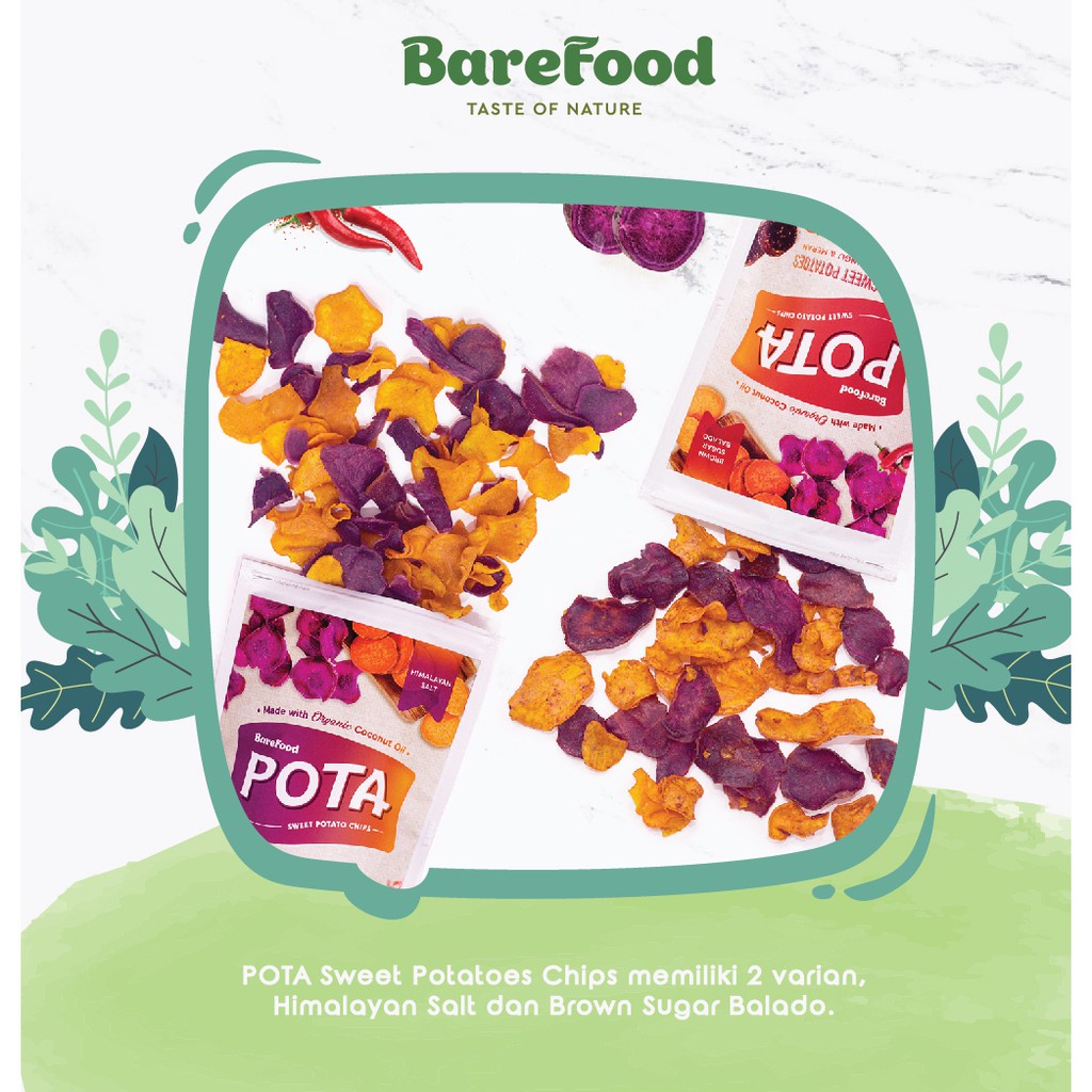 POTA Sweet Potato Chips 50g - Keripik Ubi - Himalayan Salt/Brown Sugar Balado-Cemilan Sehat Barefood