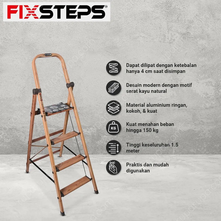 Fixsteps Tangga Lipat Aluminium Slim 4 Step 1.5 Mtr Motif Kayu