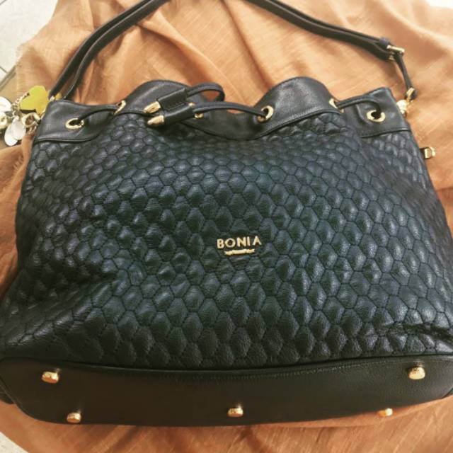 bonia leather bucket bag