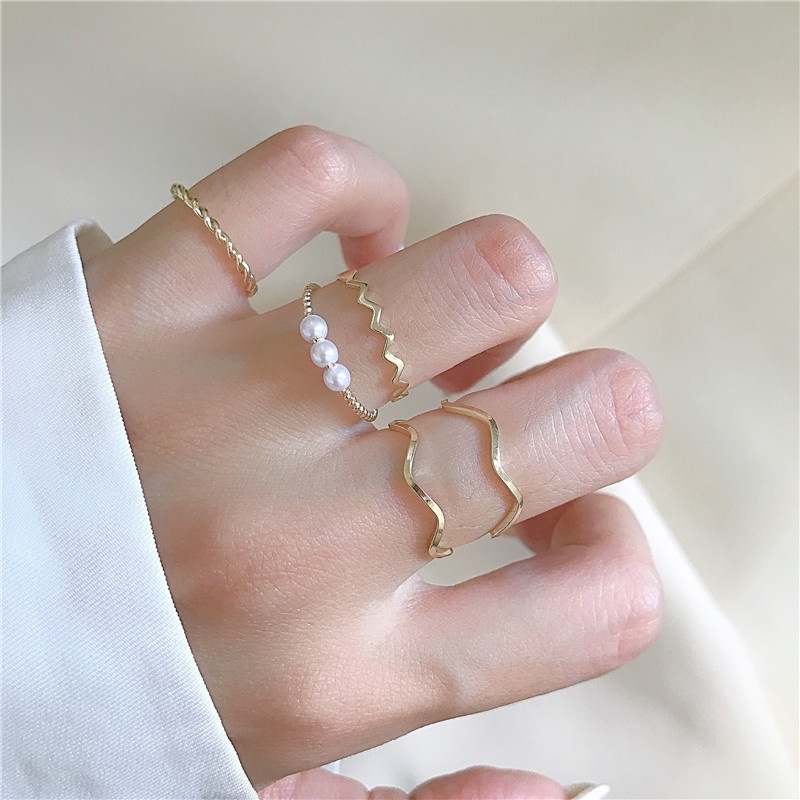5pcsset Cincin Model Terbuka Desain Geometri Hias Mutiara adjustable Untuk Wanita