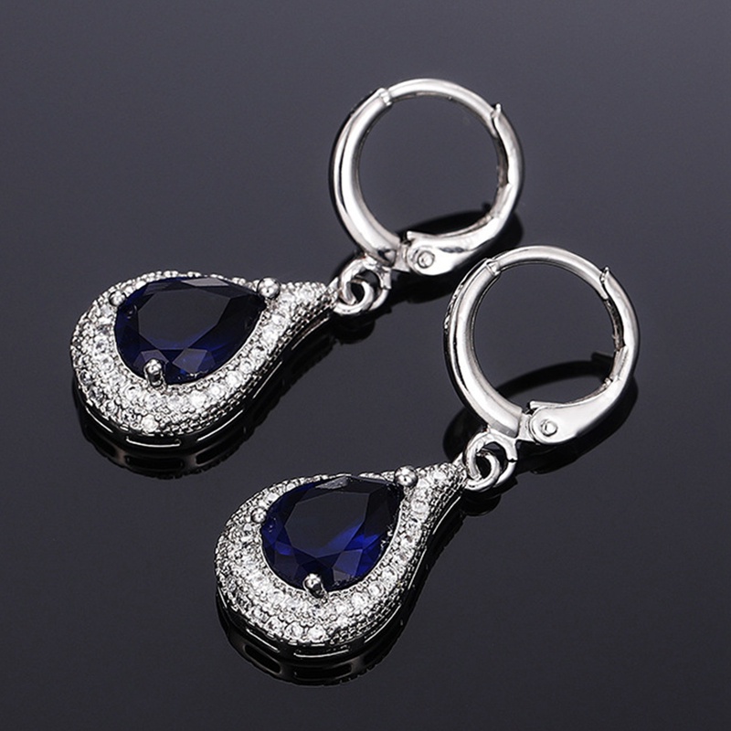 Anting Juntai Cubic Zirconia Bentuk Water Drop Warna Biru Untuk Wanita