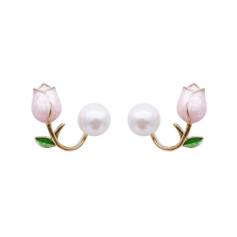 Anting Stud Desain Bunga Tulip Aksen Mutiara Gaya Perancis Untuk Wanita