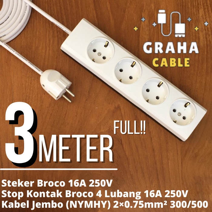 Kabel Sambungan Listrik Stop Kontak 4 Lubang 3 Meter BROCO