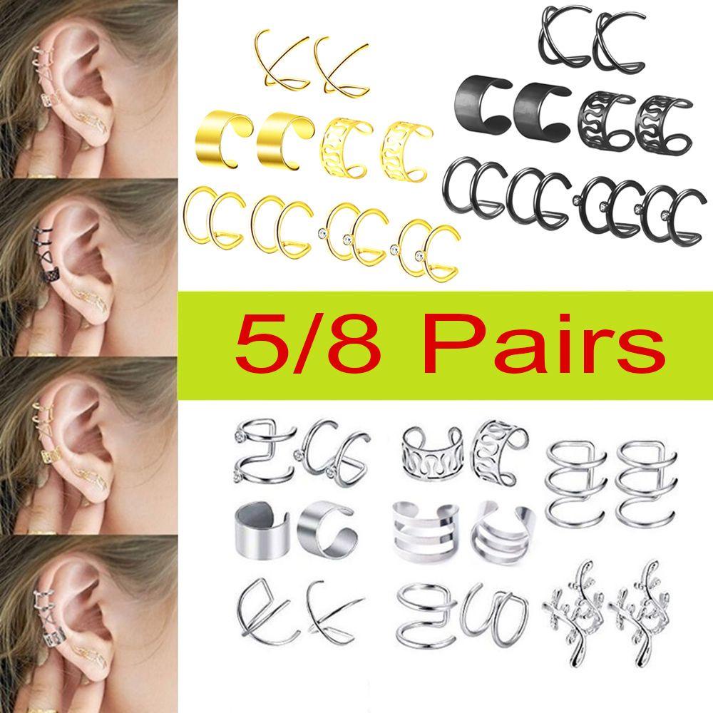 Top 5/8pasang Anting Tusuk Palsu Punk Rock Stainless Steel Ear Cuff