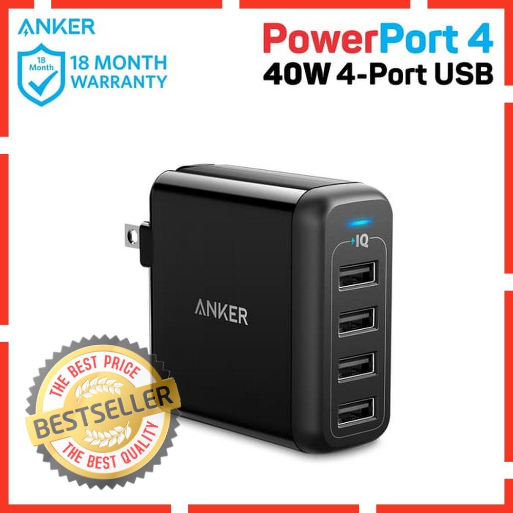 Travel adaptor Anker PowerPort 4 40W USB Wall Charger Hitam