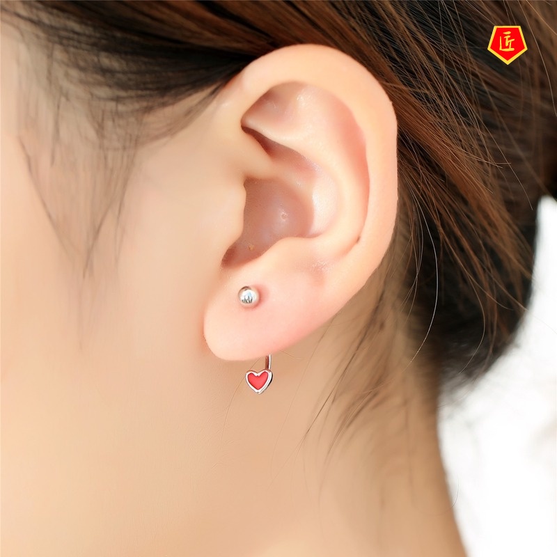 [Ready Stock]Mini Red Heart-Shaped Back-Mounted Stud Earrings Simple