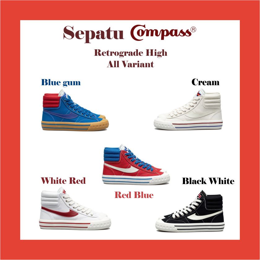 Sepatu Compass Retrograde High Black/Cream/Black White/Bluegum/Red Blue/White Red/Blue Size 34 35 36