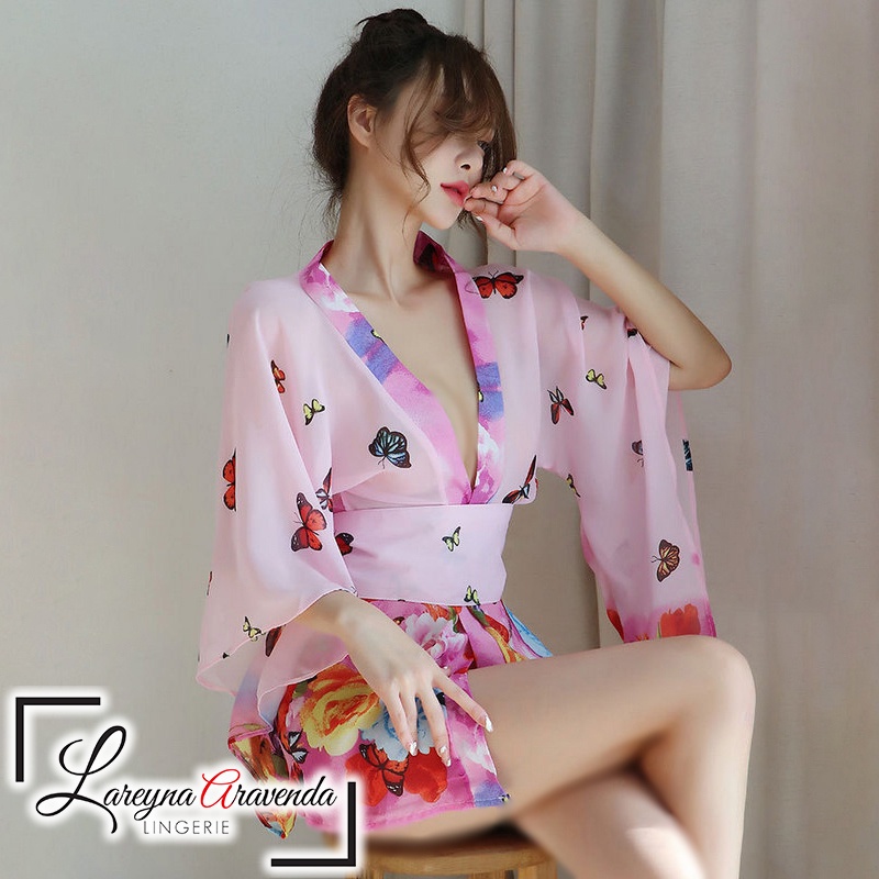 Lareyna Aravenda Set Lingerie + G String Seksi Kimono Sakura Lengan Lebar LG459