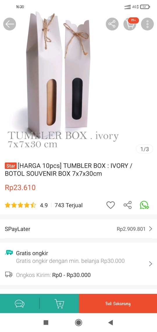 Tumbler Box : Ivory / Botol Souvenir Box 7x7x30cm