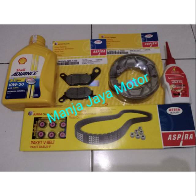 V-Belt set roller + kampas rem depan belakang + Shell Ax5 matic &amp; gardan petroasia for Mio M3/Mio Z