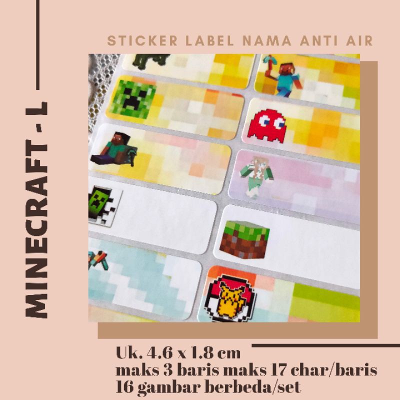 

STICKER LABEL NAMA ANTI AIR - MOTIF MINE-CRAFT / WATERPROOF NAME STICKER