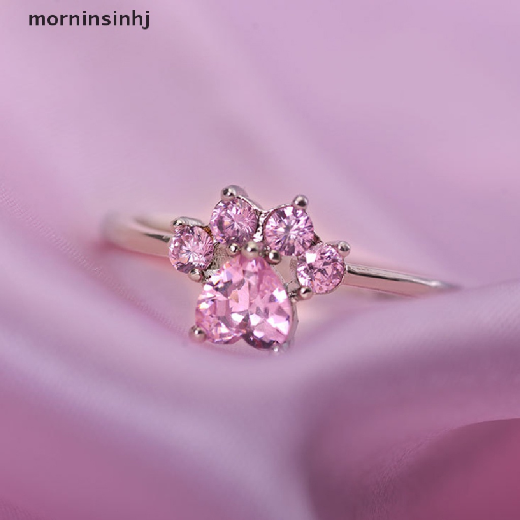 Mornin Cincin Tunangan Desain Cakar Kucing Hias Kristal Zircon Pink Untuk Wanita