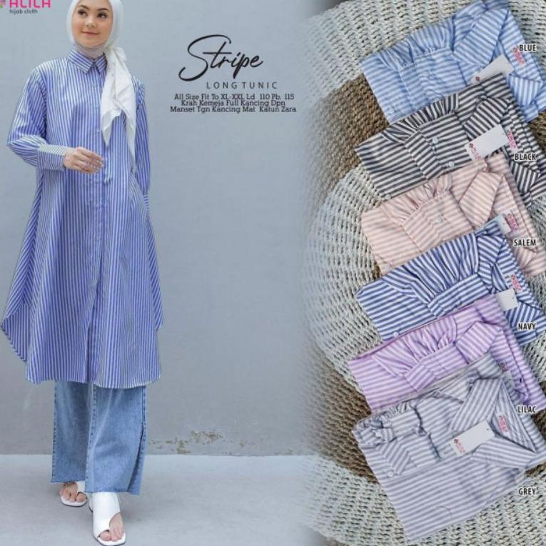 Stripe Long Tunic Bahan Katun Import Ori ALILA/Tunik Katun Import Motif Salur Garis-Garis Formal Bus