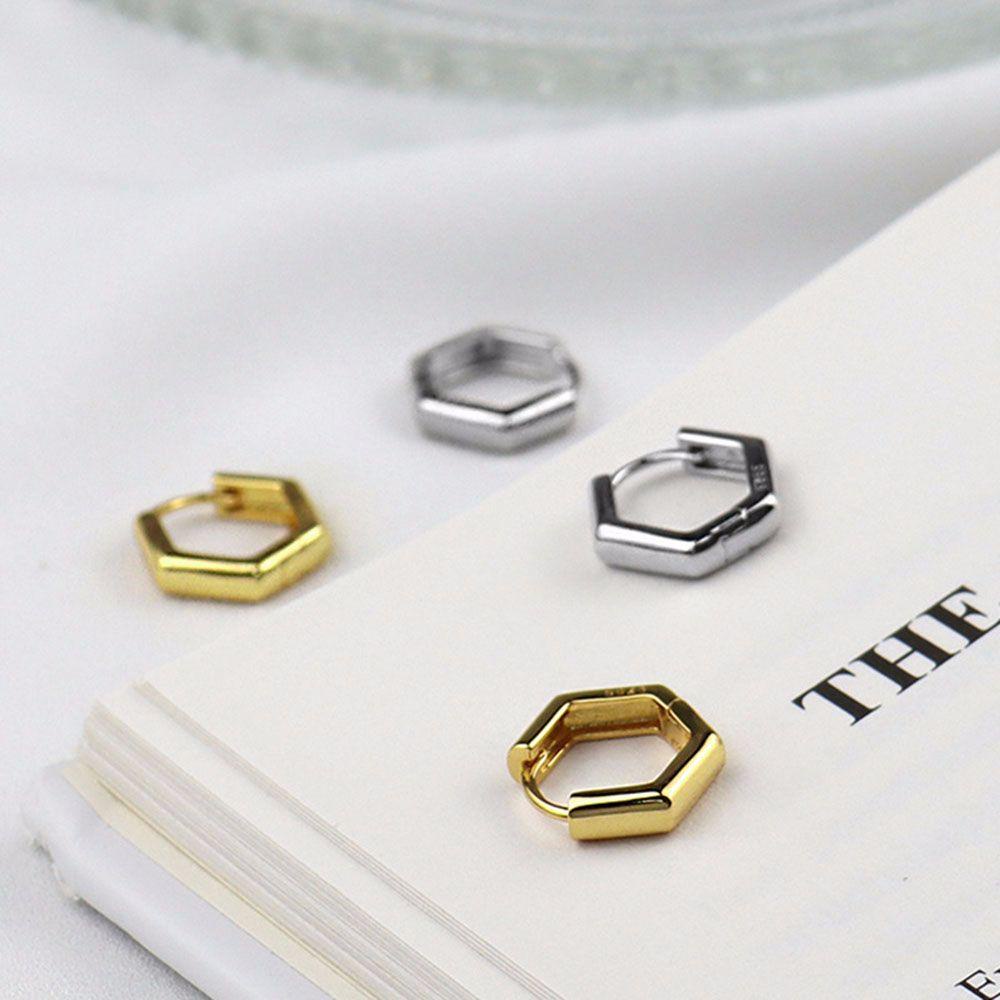 Anting Hoop Hexagonal Agustina Kesederhanaan Baru Warna Emas Mengkilap Pejantan Telinga Poligon Geometris