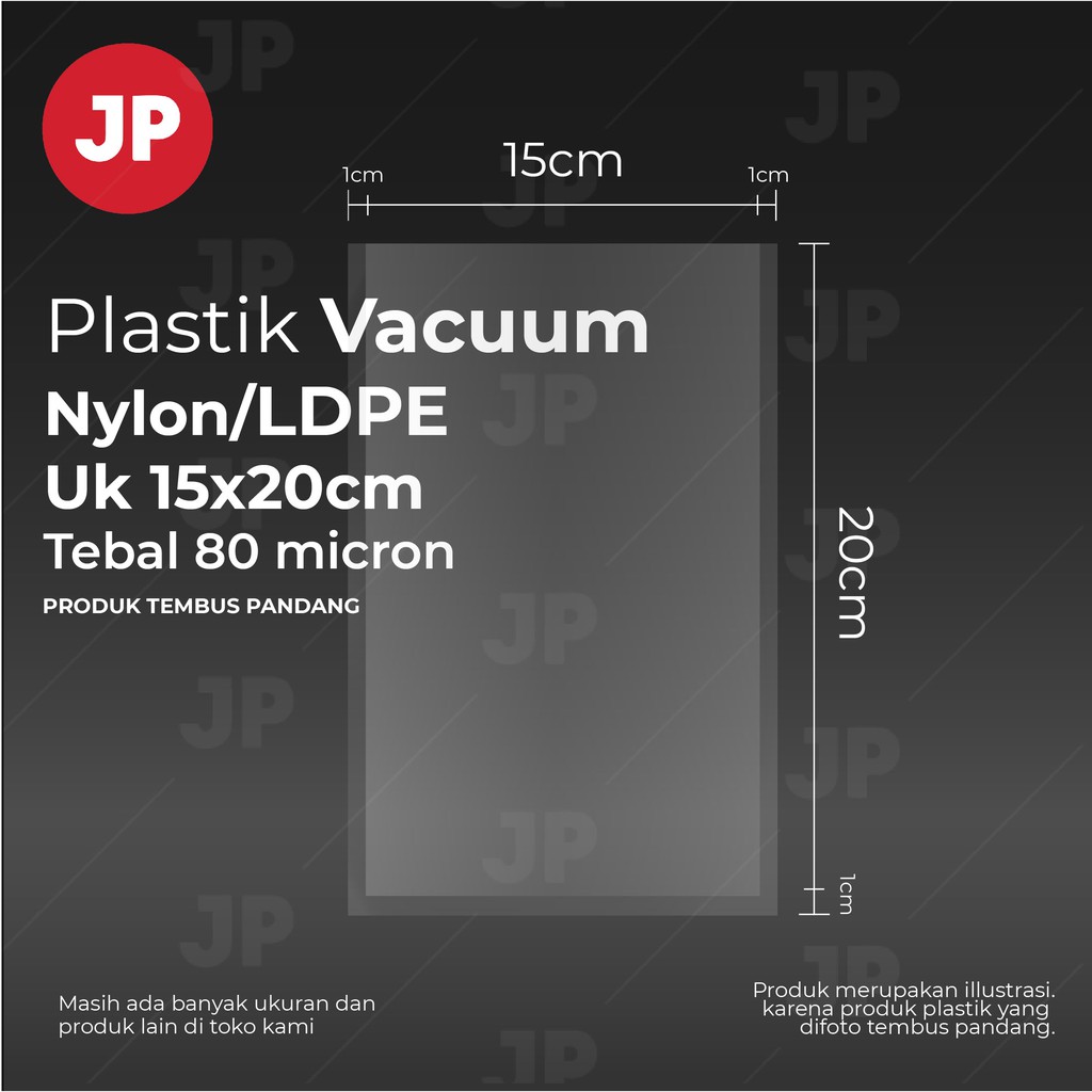 Plastik laminasi Vakum Vacum Vacuum kemasan makanan Nylon/LDPE Tebal 80 Micron Uk 15x20cm isi 50 pcs/pack