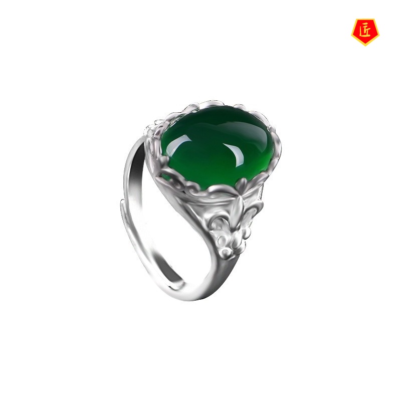 [Ready Stock]Green Agate Crystal Ring for Women Emerald Retro Adjustable