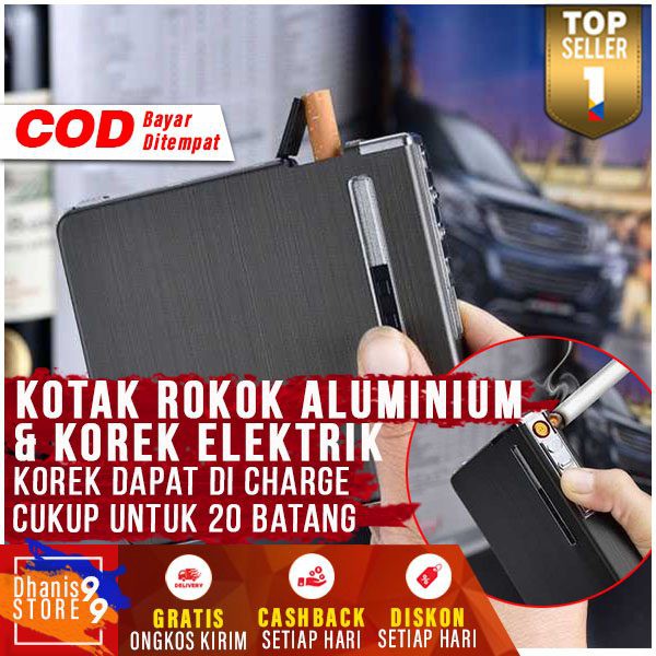 Kotak Rokok Aluminium 20 Slot Plus Korek Elektrik Tanpa Bahan Bakar Korek Listrik Mudah Digunakan