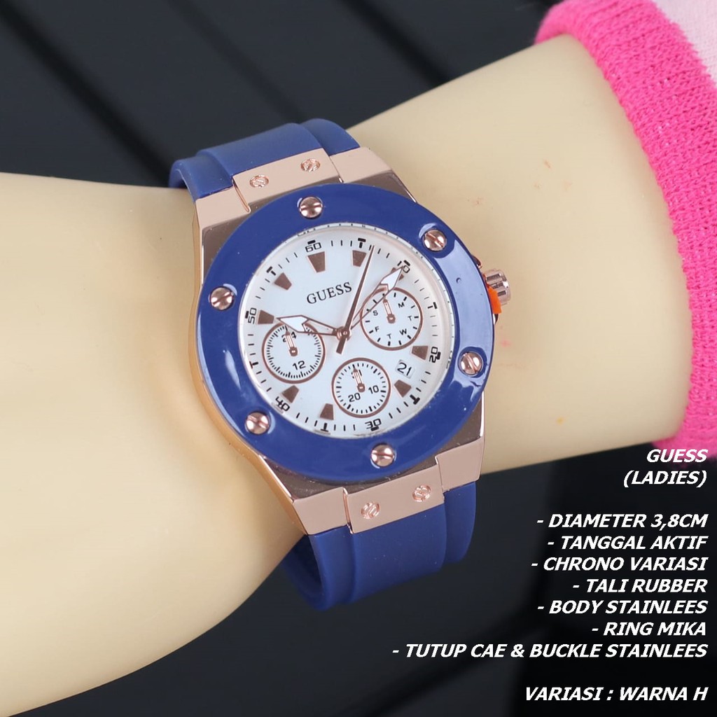 JAM TANGAN WANITA GUESS TALI RUBBER BODY BULAT TANGGAL AKTIF CHRONO OFF