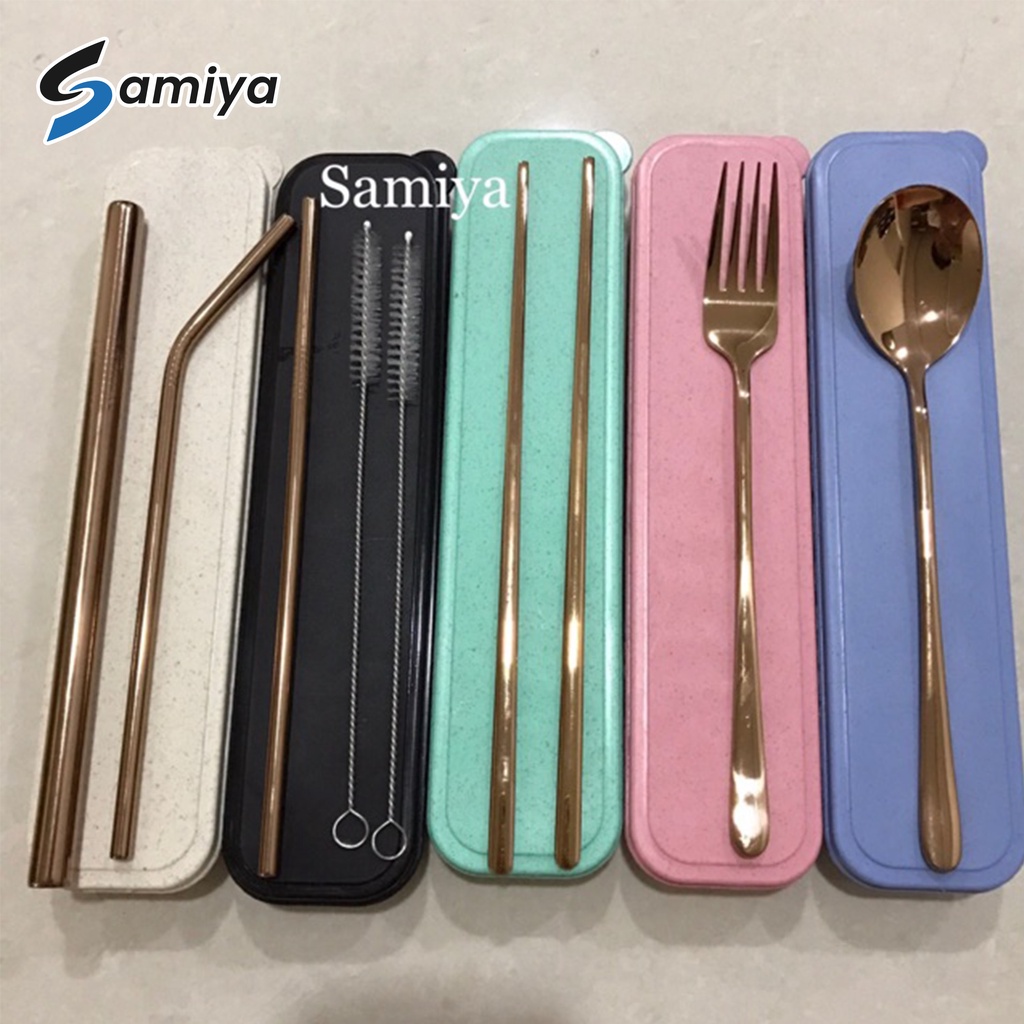 Paket lengkap sedotan stainless sendok garpu korea set / cutlery set / souvenir set / paket hampers