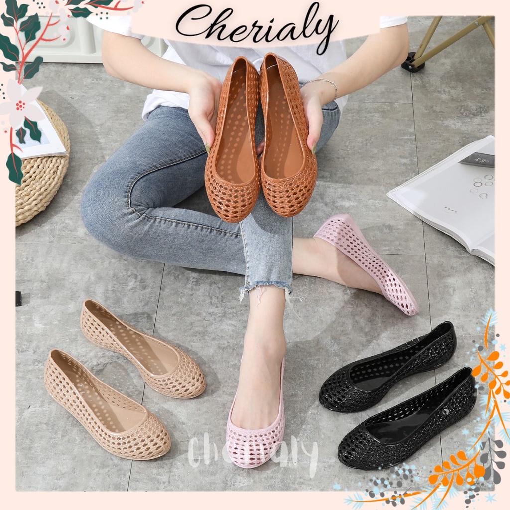 Sepatu Jelly Flatshoes Teplek Wanita Karet Empuk Elastis Anti Lecet Non-Slip Motif Jaring Balet 359